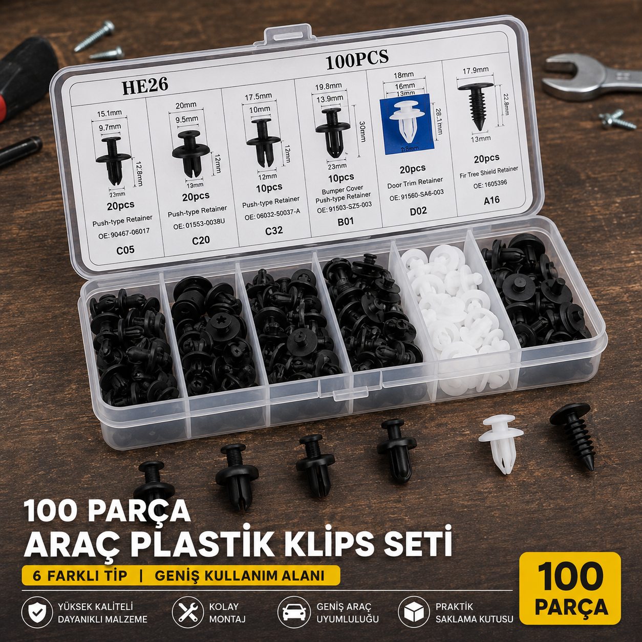 100 Parça Çok Amaçlı Araç Plastik Klips Seti – 6 Farklı Tip