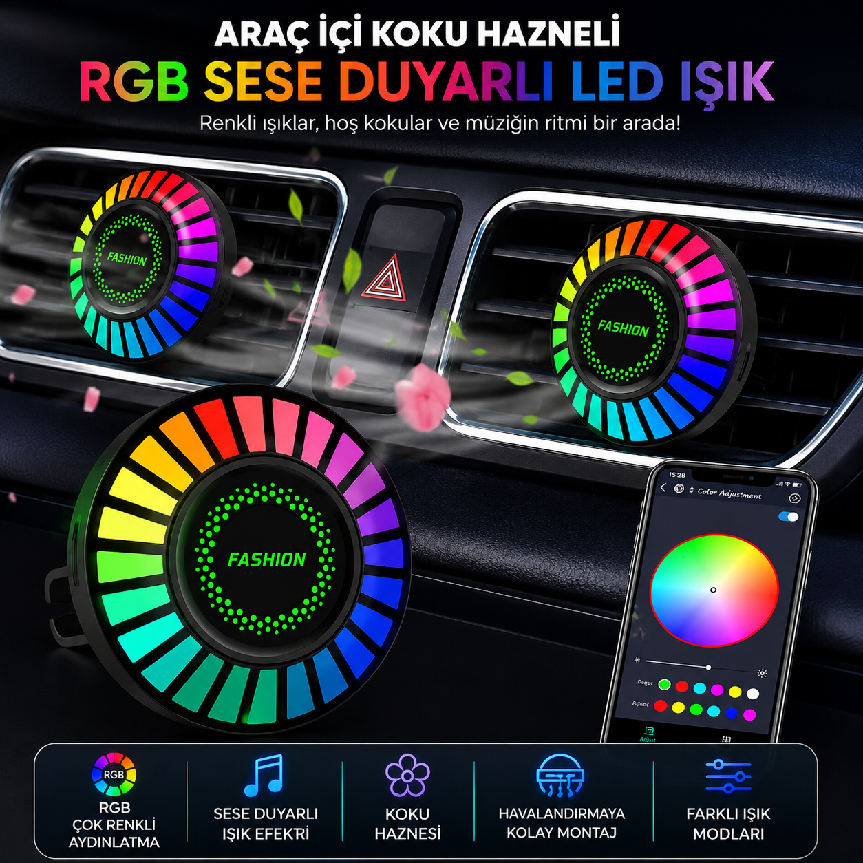 Araç İçi Koku Hazneli Renk Değiştiren Ses Duyarlı LED Işık