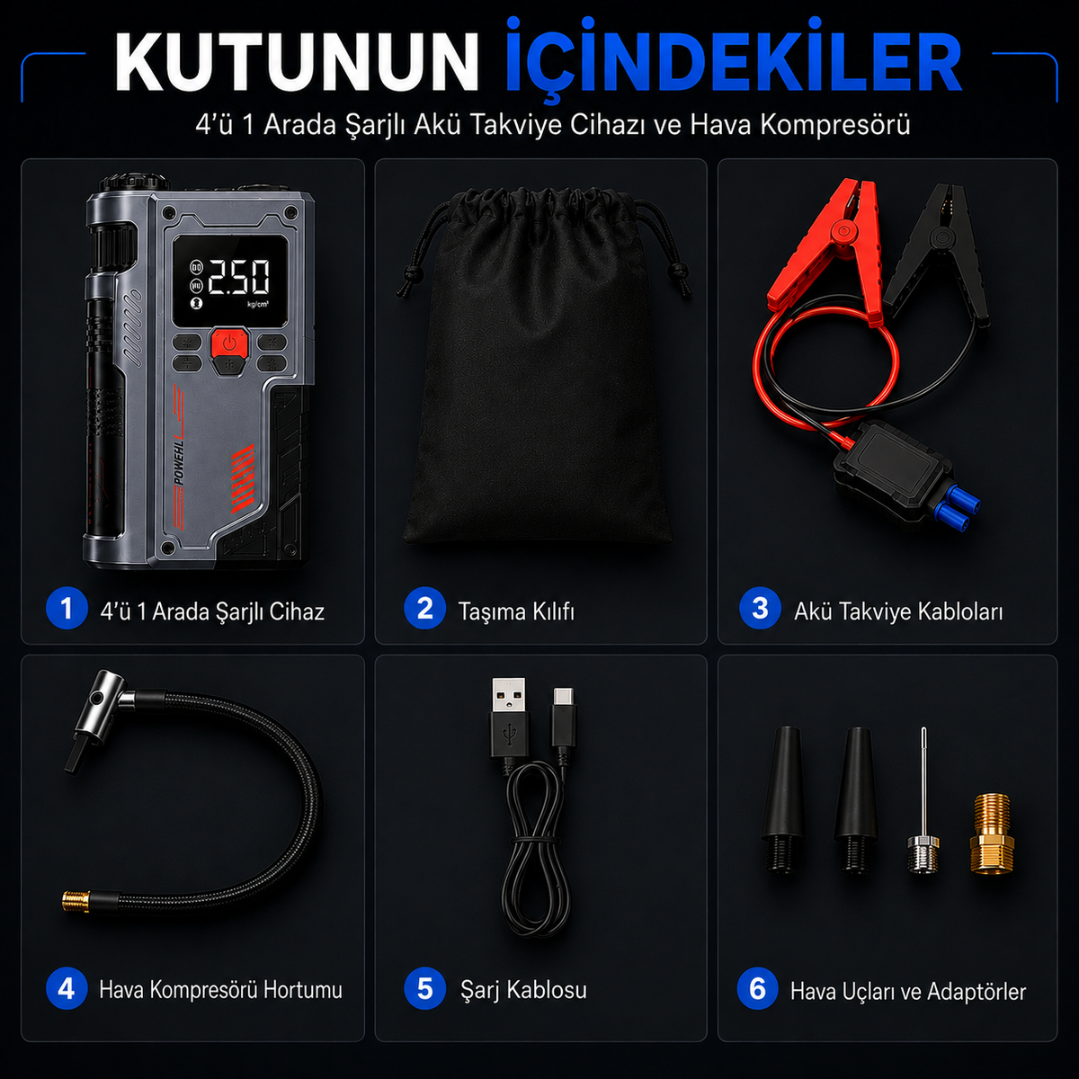 4’ü 1 Arada Şarjlı Akü Takviye Cihazı ve Hava Kompresörü