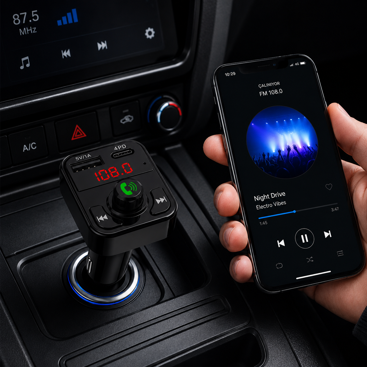 Bluetoothlu Araç Müzik ve Şarj Cihazı