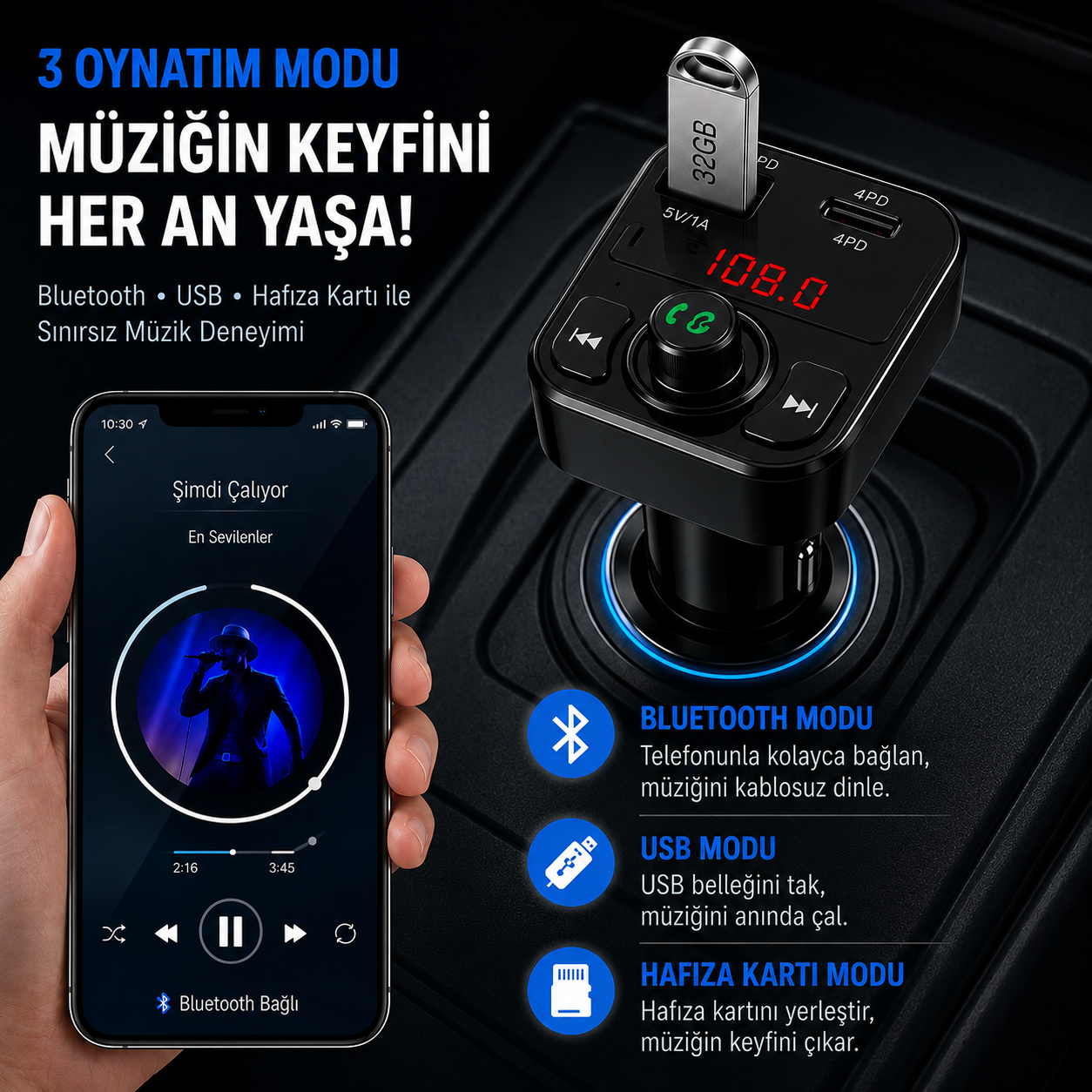 Bluetoothlu Araç Müzik ve Şarj Cihazı