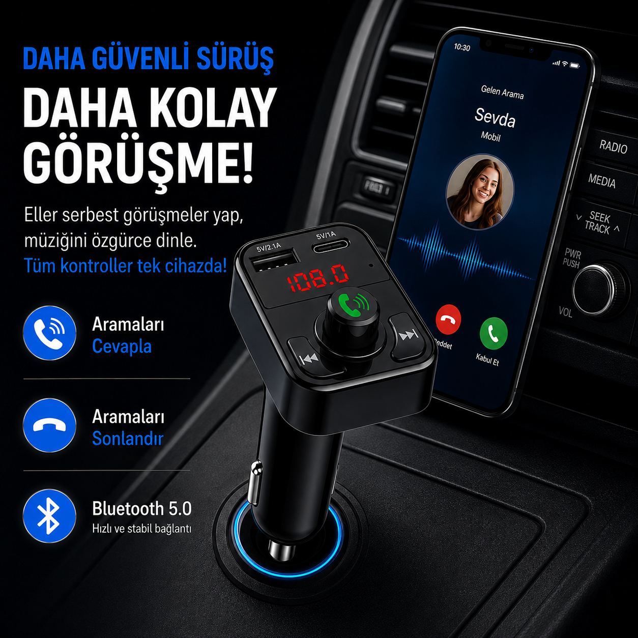 Bluetoothlu Araç Müzik ve Şarj Cihazı
